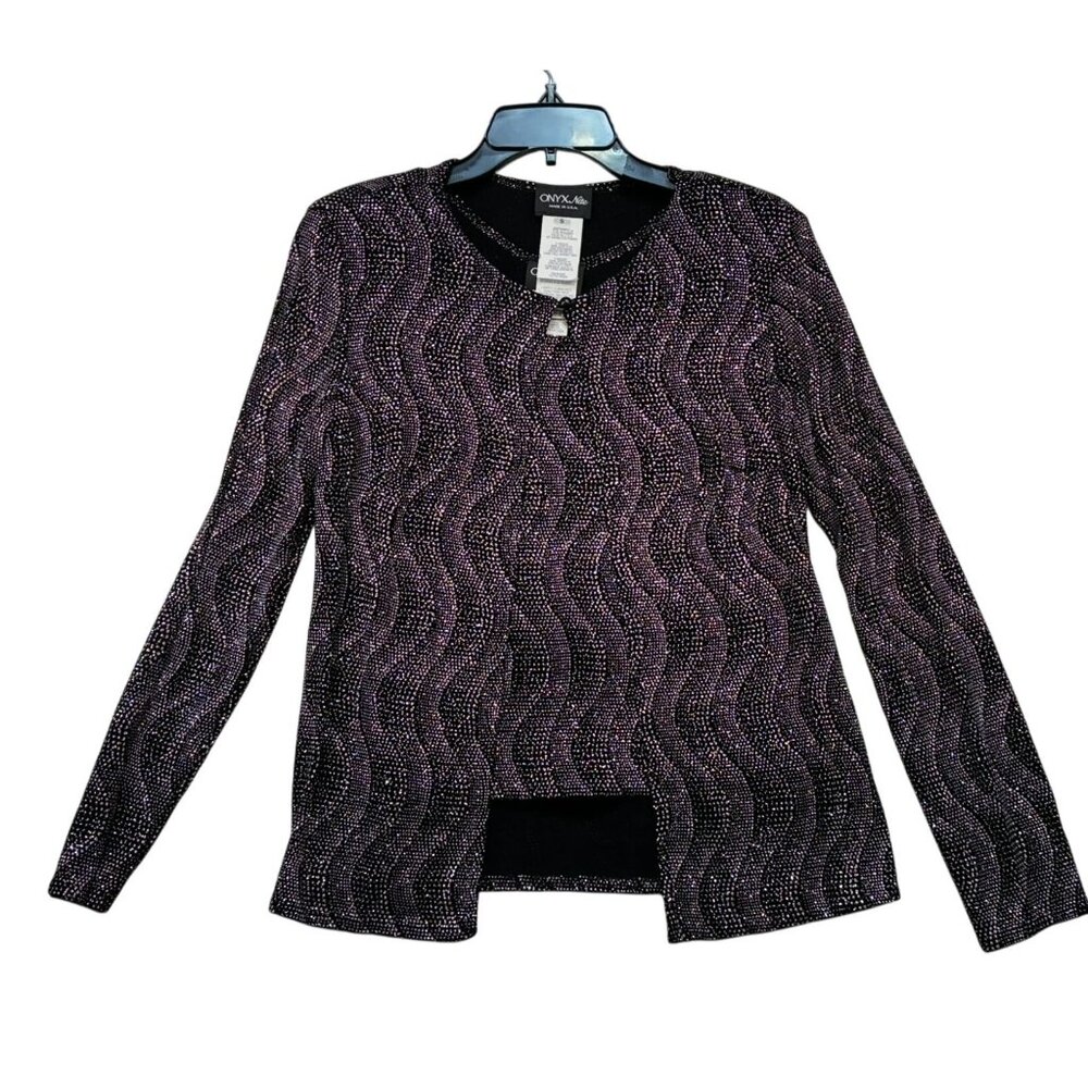 Onyx Nite Womens Beaded Long Sleeve Tank & Jacket Small Black & Pink Silver Glit